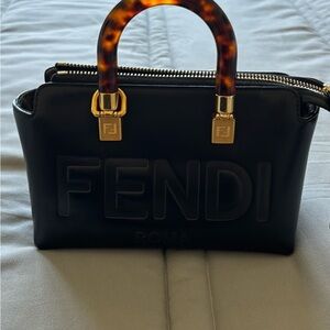 Fendi Black and Brown Satchel with Embossed Logo and Gold Accents